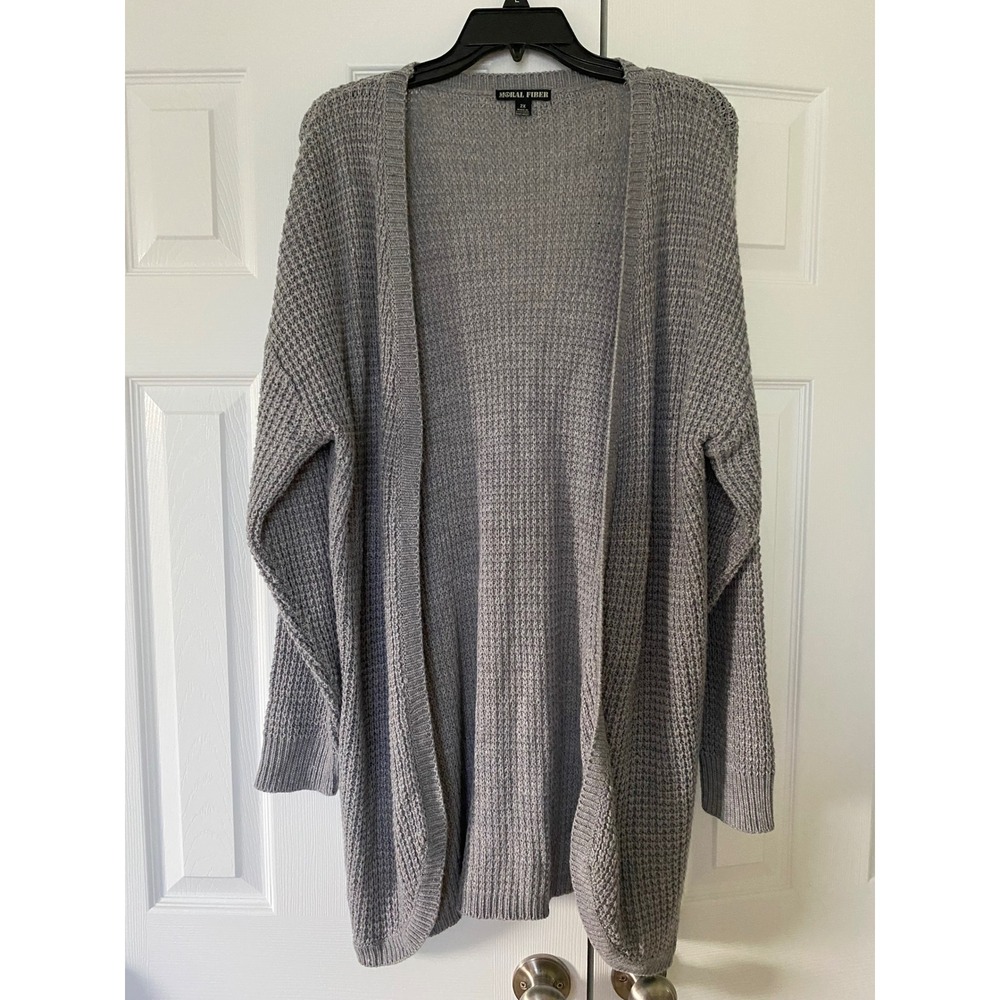 Moral Fiber Cardigan Women 2X Gray Waffle Knit Open Front Long Sleeve Layering